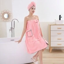 Bộ 2 món, Áo choàng tắm họa tiết quả dứa + Mũ tắm, Nơ lông cừu san hô tối giản có túi, Bộ áo choàng tắm thấm hút nhanh khô dùng cho phòng tắm, phòng ngủ, phòng khách, cho mọi mùa, trở lại trường - Hồng - Xem 6