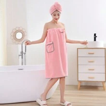 Bộ 2 món, Áo choàng tắm họa tiết quả dứa + Mũ tắm, Nơ lông cừu san hô tối giản có túi, Bộ áo choàng tắm thấm hút nhanh khô dùng cho phòng tắm, phòng ngủ, phòng khách, cho mọi mùa, trở lại trường - Hồng - Xem 5