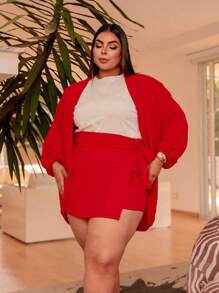 Plus Size 2-Piece Shorts And Kimono Set - Red - View 3
