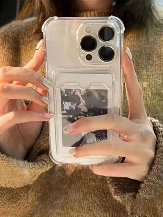 1 个透明卡槽支架手机壳适用于 15 14 13 12 11 Pro Max 14Plus，透明钱包硅胶防震后盖防水防摔防刮