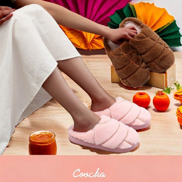 Pantuflas deslizables unisex gruesas y cálidas con diseño lindo de concha (pan dulce mexicano), regalo festivo