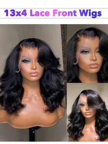 波浪形波波头假发蕾丝前假发真人头发 100% 真人头发 13X4 蕾丝前假发短波波头假发预拔 150% 密度自然色适合女性 - 黑色 - 查看 3