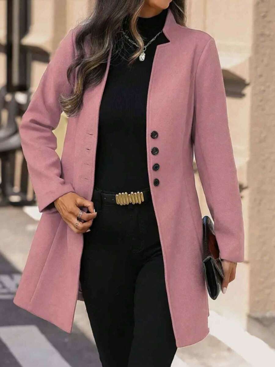 新款女式单排扣纯色夹克，优雅长袖中长款秋冬百搭外套 - 粉色 - 查看 1