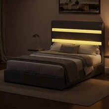 [King/Queen/Full Size +Black /White/Beige ] Upholstered Platform  Hydraulic Storage Bed, Lift Up Storage Bed With RGB LED Light, PU Leather Headboard And Footboard, No Box Spring Needed, White - Xám + Gỗ + Kim loại + Đầy đủ - Xem 6