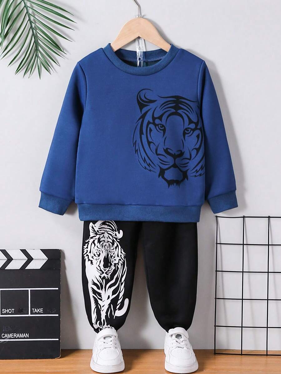 Boys' Tiger Print Sweatsuit Set, Autumn/Winter - Blue - View 1