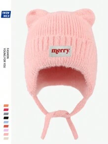 Christmas "Merry" Bear Ear Beanie Hat, Unisex, Warm & Soft Fleece Cap With Ear Protection, Windproof Tie Closure Knitted Hat For Outdoor Activities Like Winter, Ski, Cycling, Running, Hunting, Great Christmas & Halloween Gift For Family And Friends