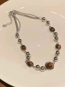 1 件天然虎眼石串珠项链，时尚锁骨毛衣链吊坠配饰，男女皆宜 - 石串珠項鍊 - 查看 7