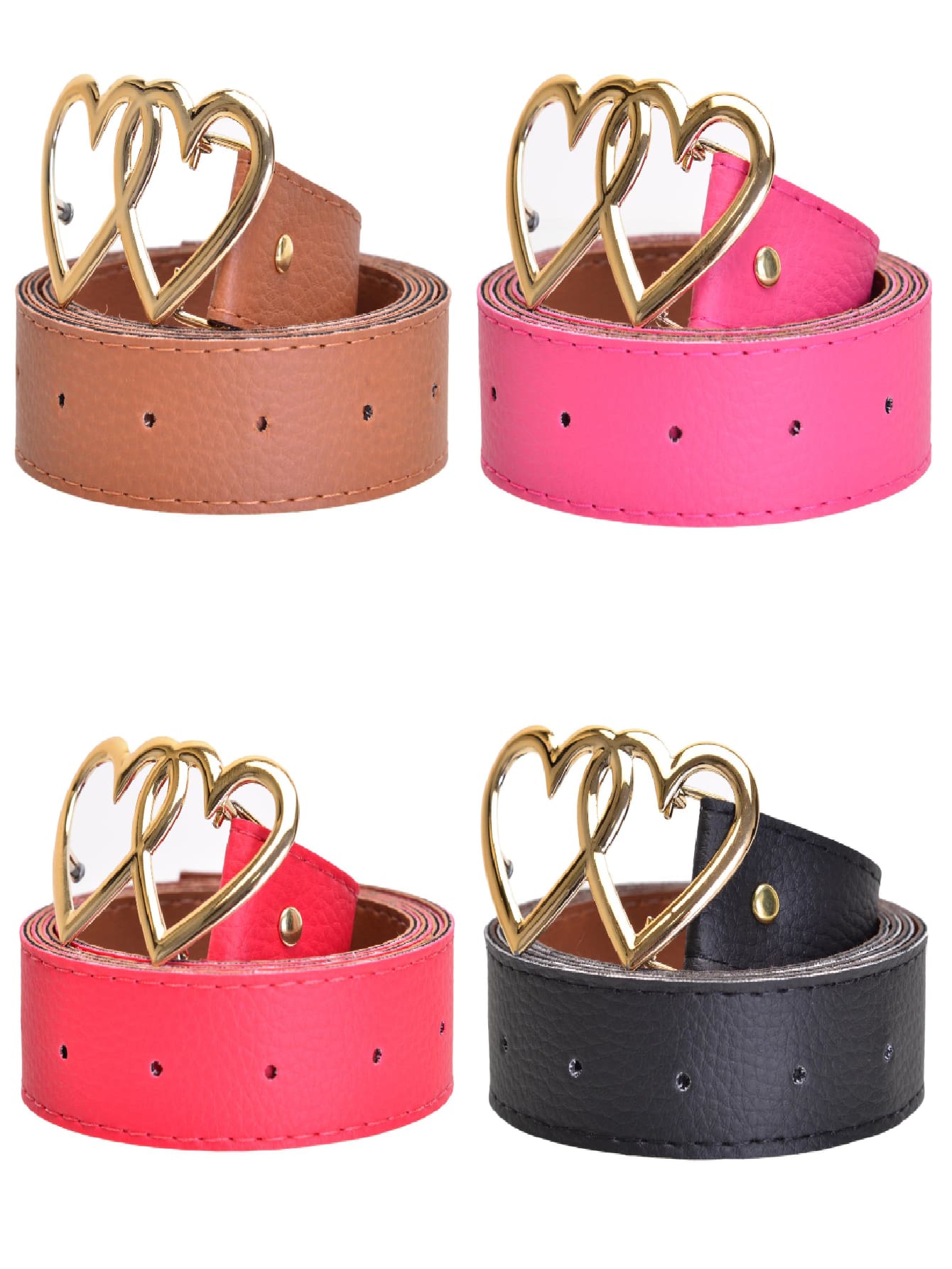 Kit Of 4 Women's Belts Synthetic Leather 1.40 Cm Plus Size Golden Heart Buckle Colors Elegant - 焦糖色-粉紅色-紅色-黑色 - 查看 1