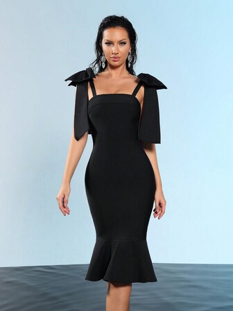 Modphy Backless Bowknot Cami Bodycon Fishtail Hem Mid-Calf Strap Dress, Suitable For Holiday, Birthday Party, Wedding Guest