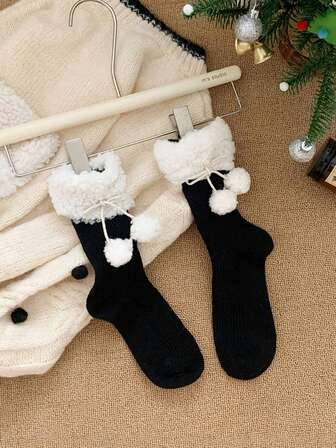 1 Pair Colorblock Cute Casual Fabric Mid-Calf Socks, Warm Wool Blend With Flower Lace & Pom Pom Trim, Suitable For Autumn And Winter