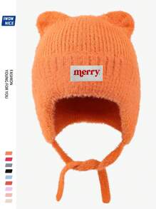 Christmas "Merry" Bear Ear Beanie Hat, Unisex, Warm & Soft Fleece Cap With Ear Protection, Windproof Tie Closure Knitted Hat For Outdoor Activities Like Winter, Ski, Cycling, Running, Hunting, Great Christmas & Halloween Gift For Family And Friends