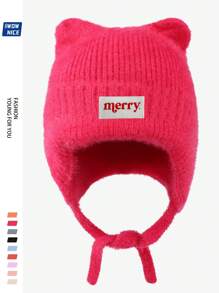 Christmas "Merry" Bear Ear Beanie Hat, Unisex, Warm & Soft Fleece Cap With Ear Protection, Windproof Tie Closure Knitted Hat For Outdoor Activities Like Winter, Ski, Cycling, Running, Hunting, Great Christmas & Halloween Gift For Family And Friends