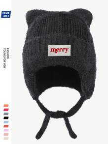 Christmas "Merry" Bear Ear Beanie Hat, Unisex, Warm & Soft Fleece Cap With Ear Protection, Windproof Tie Closure Knitted Hat For Outdoor Activities Like Winter, Ski, Cycling, Running, Hunting, Great Christmas & Halloween Gift For Family And Friends