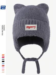 Christmas "Merry" Bear Ear Beanie Hat, Unisex, Warm & Soft Fleece Cap With Ear Protection, Windproof Tie Closure Knitted Hat For Outdoor Activities Like Winter, Ski, Cycling, Running, Hunting, Great Christmas & Halloween Gift For Family And Friends