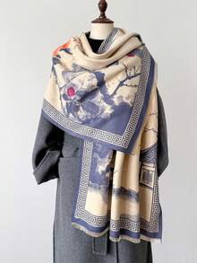 1 件 2024 秋冬新款仿羊绒梅花复古中国水墨画纹理印花双面保暖围巾披肩 - 彩色 - 查看 9