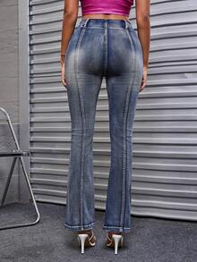 女士时尚复古洗水牛仔裤，4 季 - 深色水洗藍 - 查看 2