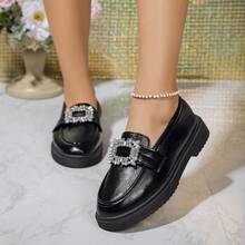 2024 秋冬新款圆头工作鞋，时尚性感水钻平底鞋，厚底女士户外一脚蹬鞋 - 黑色 - 查看 3