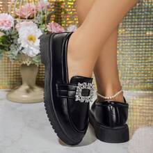 2024 秋冬新款圆头工作鞋，时尚性感水钻平底鞋，厚底女士户外一脚蹬鞋 - 黑色 - 查看 4