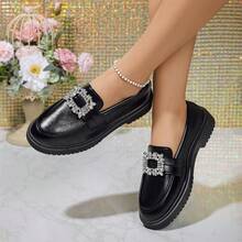 2024 秋冬新款圆头工作鞋，时尚性感水钻平底鞋，厚底女士户外一脚蹬鞋 - 黑色 - 查看 2