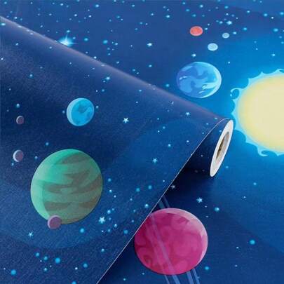 带有宇宙太阳和行星图案的自粘乙烯基墙纸卷 - 适用于客厅、卧室、厨房、宿舍和家具翻新中的剥离墙面覆盖物