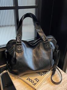 New Fashion Black Soft Leather Women Tote Bag Casual Vintage Rivet One Shoulder Handbag Zipper Closure Crossbody Bag Large Capacity For Daily Use, Commuting, Shopping - Black - View 4