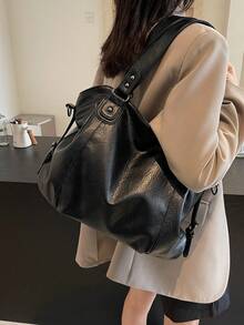 New Fashion Black Soft Leather Women Tote Bag Casual Vintage Rivet One Shoulder Handbag Zipper Closure Crossbody Bag Large Capacity For Daily Use, Commuting, Shopping - Black - View 3