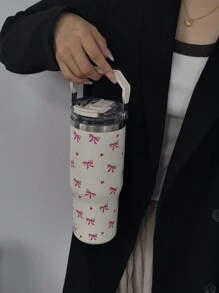 1pc 900ml/33.44oz Heart & Bow Vacuum Insulated Tumbler, Thermos Cup, Large Capacity Water Bottle With Handle & Straw, Dual Drinking Lid, Travel & Outdoor, Gym & Sports, School Supplies, Holiday Gift