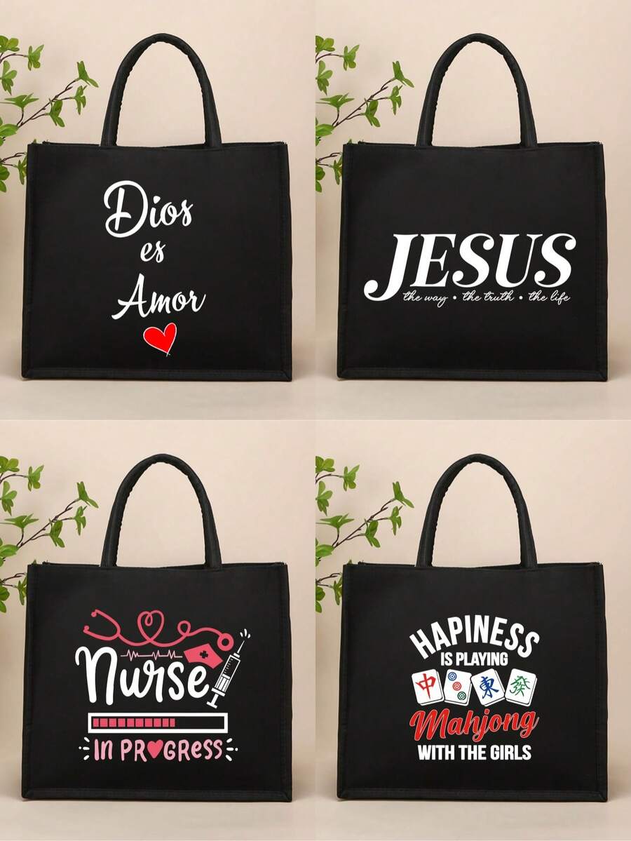 Túi Tote In Họa Tiết Chữ Tối Giản, Quà Tặng Sinh Nhật, Túi Vải Canvas Nhẹ, Túi Du Lịch Biển Di Động, Túi Quà Tặng Cho Bạn Bè Và Đồng Nghiệp - màu đen - Xem 1