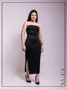 KIT 2 Long Strapless Sheath Dresses In Ribbed Fabric With Slit From P To GG With Padding And Elastic At The Back - màu đen - Xem 8