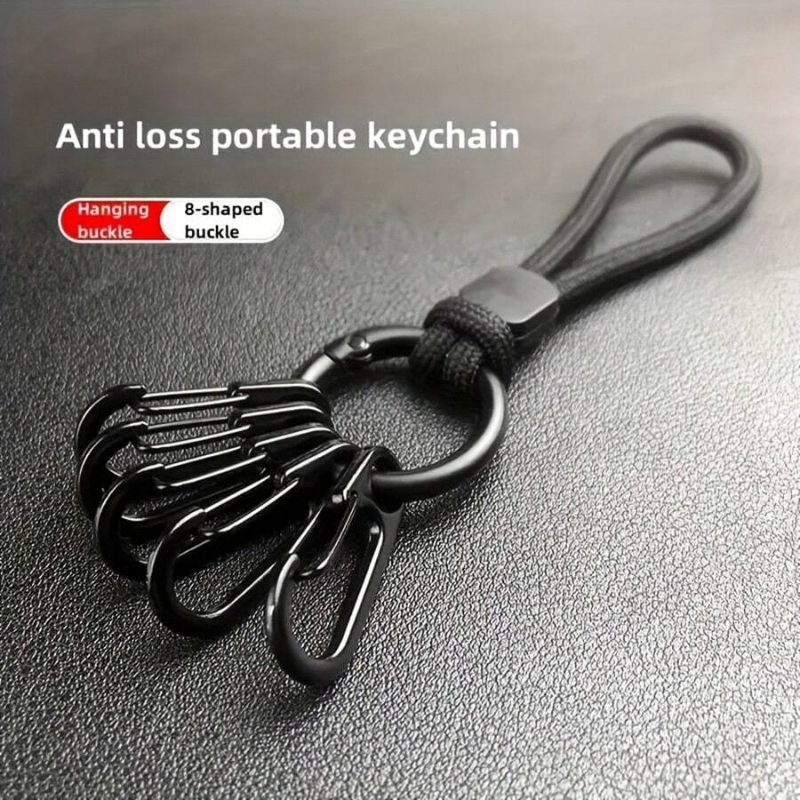 Creative Niche Black Metal Braided Keychain With Multiple Hooks, New Fashion Pants Hanging Accessory, Simple Style Waist Hanging Key Chain For Men Car Accessories Bag Charm Backpack For School Cute Goth Y2k - Swimming Black Bracelet With Round Ring Buckle + 5 Hanging Buckles - View 1
