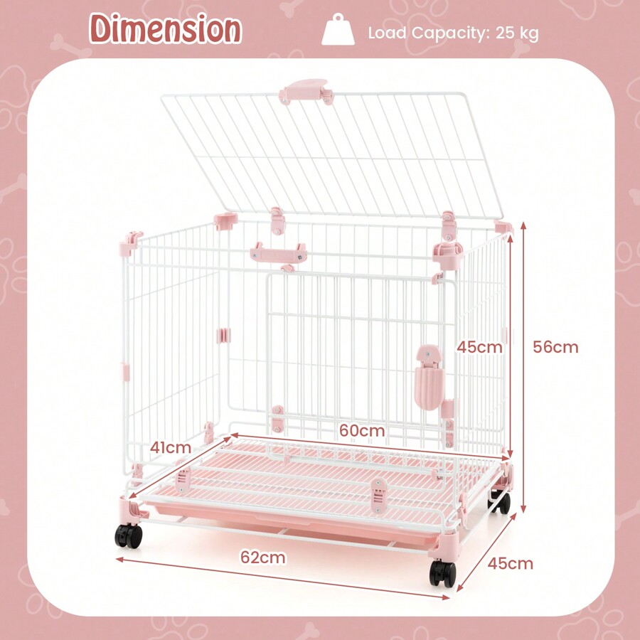 Folding Dog Kennel, Metal Wire Dog Crate With Universal Lockable Wheels