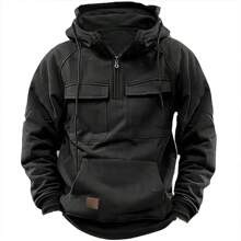 Cargo Hoodies For Men Tactical Sweatshirt Quarter Zip Cargo Pullover Hoodies Workout Gym Men Fashion Outdoor Hoodies - 黑色 - 查看 1