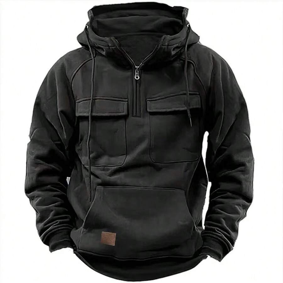 Cargo Hoodies For Men Tactical Sweatshirt Quarter Zip Cargo Pullover Hoodies Workout Gym Men Fashion Outdoor Hoodies - 黑色 - 查看 1