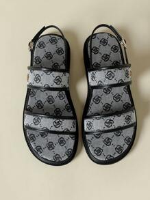 Women's Thick Sole One-Strap Sandals, Bohemian Ditsy Floral, Open Toe, Comfortable, Wedge Heel, Suitable For Beach, Summer, Spring/Autumn, Black/White Irregular Floral, Plus Size 41-43