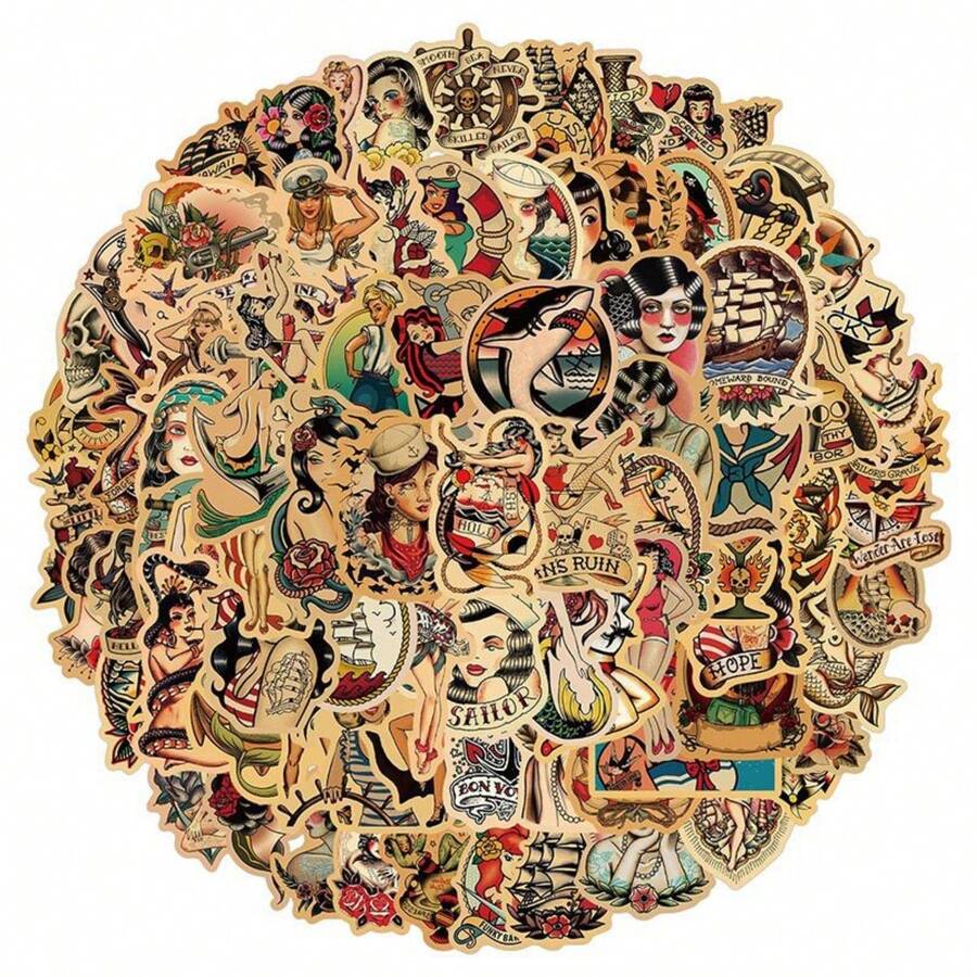 100 件复古风格水手可爱趣味贴纸乙烯基防水贴纸装饰贴纸适用于水瓶、电脑、笔记本、行李箱、手机、笔记本电脑自行车滑板 - 彩色 - 查看 1