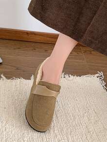 女士运动休闲鞋，毛皮衬里一脚蹬平底鞋，防滑软底乐福鞋，2024 年新款秋冬系列