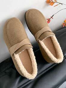 女士运动休闲鞋，毛皮衬里一脚蹬平底鞋，防滑软底乐福鞋，2024 年新款秋冬系列