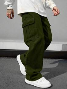 3pcs Tween Boy Casual Solid Color Simple Wide Leg Cargo Pants With Large Pockets, Suitable For Sports And Outdoor, Autumn/Winter