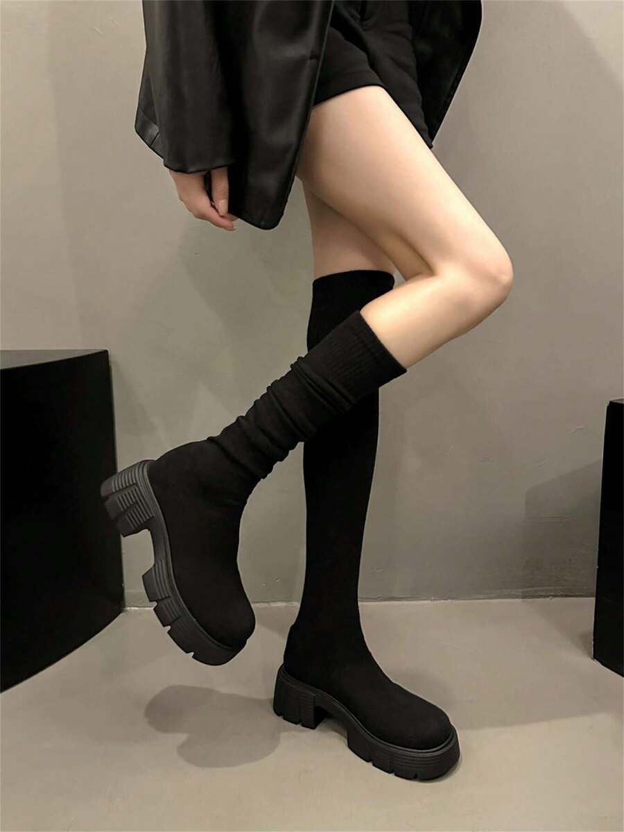 2024 新款厚底过膝长靴女款、修身弹力高筒靴、粗跟过膝长靴 - 黑色 - 查看 1