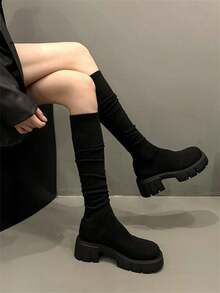 2024 新款厚底过膝长靴女款、修身弹力高筒靴、粗跟过膝长靴 - 黑色 - 查看 2