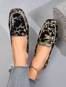 Giày bệt mũi vuông in họa tiết trang trí đá Rhinestone phong cách mới thoải mái - màu đen - Xem 2