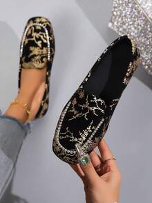 Giày bệt mũi vuông in họa tiết trang trí đá Rhinestone phong cách mới thoải mái - màu đen - Xem 7