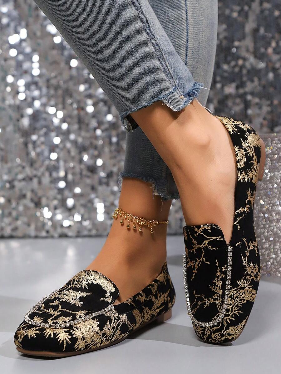 Giày bệt mũi vuông in họa tiết trang trí đá Rhinestone phong cách mới thoải mái - màu đen - Xem 1