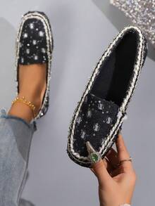 Giày bệt mũi vuông in họa tiết trang trí đá Rhinestone phong cách mới thoải mái - màu đen - Xem 8