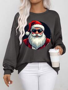 Christmas Casual Ladies Pullover Cool Silk Cotton, Christmas Elements, Santa Claus Prints, New All-Match Loose Spring And Autumn Sports Sweatshirt - Dark Grey - View 1