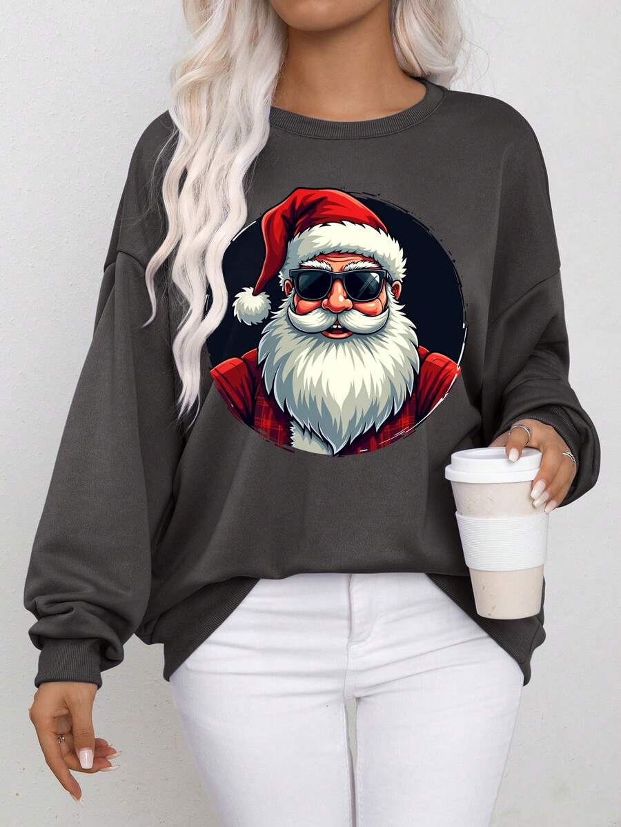 Christmas Casual Ladies Pullover Cool Silk Cotton, Christmas Elements, Santa Claus Prints, New All-Match Loose Spring And Autumn Sports Sweatshirt - Dark Grey - View 1