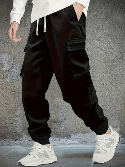 New Men's Solid Color Casual Jogger Sweatpants, Loose Fit Multi Pocket Drawstring Waist Trousers, Suitable For Gym, Running