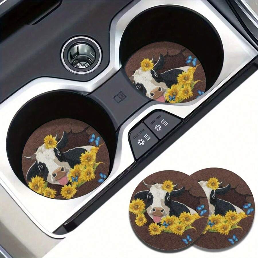 2 件装可爱奶牛涤纶吸水汽车杯垫，通用型饮料杯架杯垫，适用于车辆和家用办公桌 - 2 件可愛牛 - 查看 1