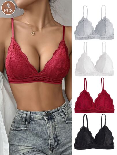 4 件装 无钢圈蕾丝扇形文胸内衣