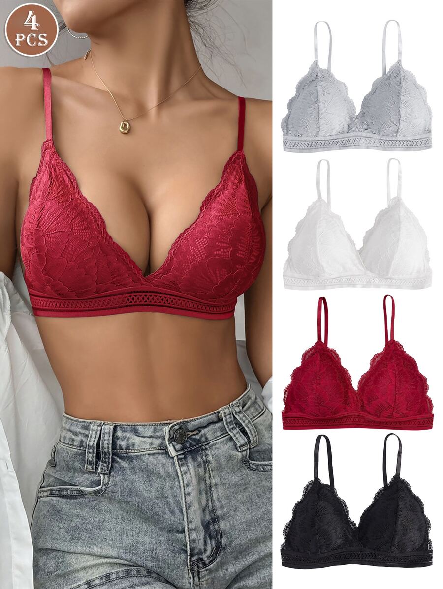 4 piezas Sujetador y bragas con encaje acorazonado inalámbricos, lencería - Multicolor - Ver 1